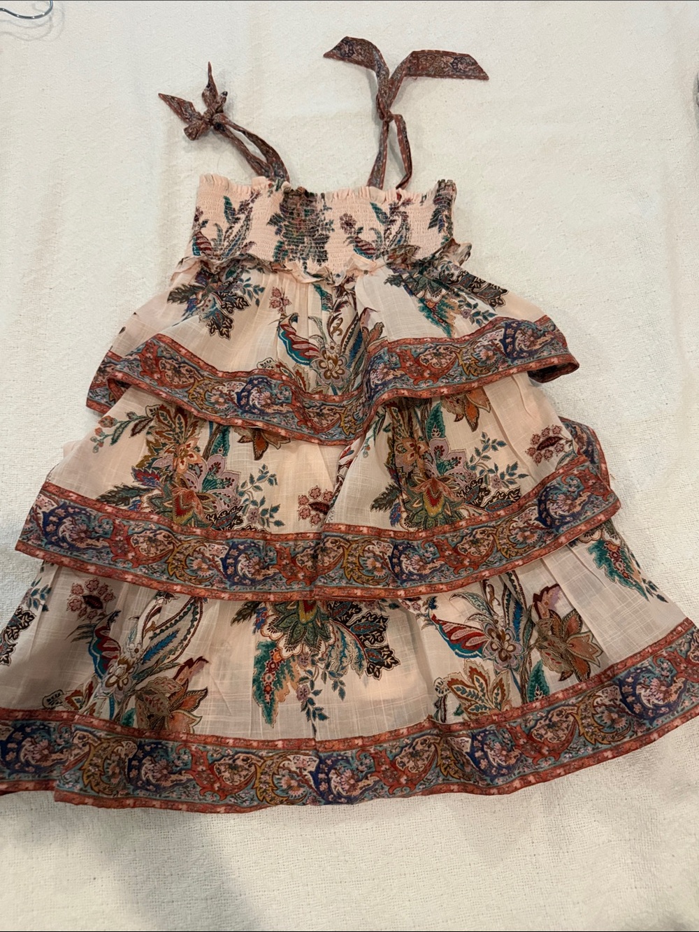 Zimmermann Peach Paisley Tiered Sundress with Floral Print